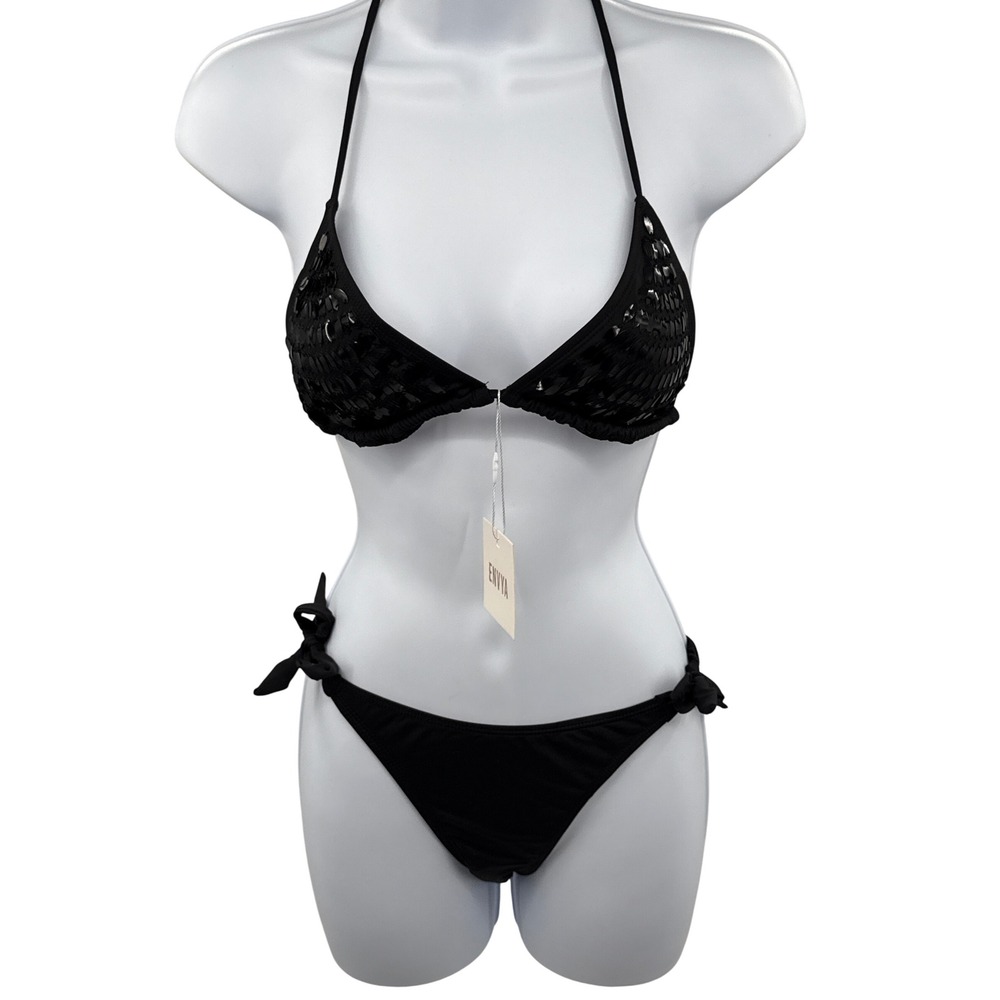 Envya Womens Black Sequin Triangle Bikini Set Side Tie Swimsuit S0670A S